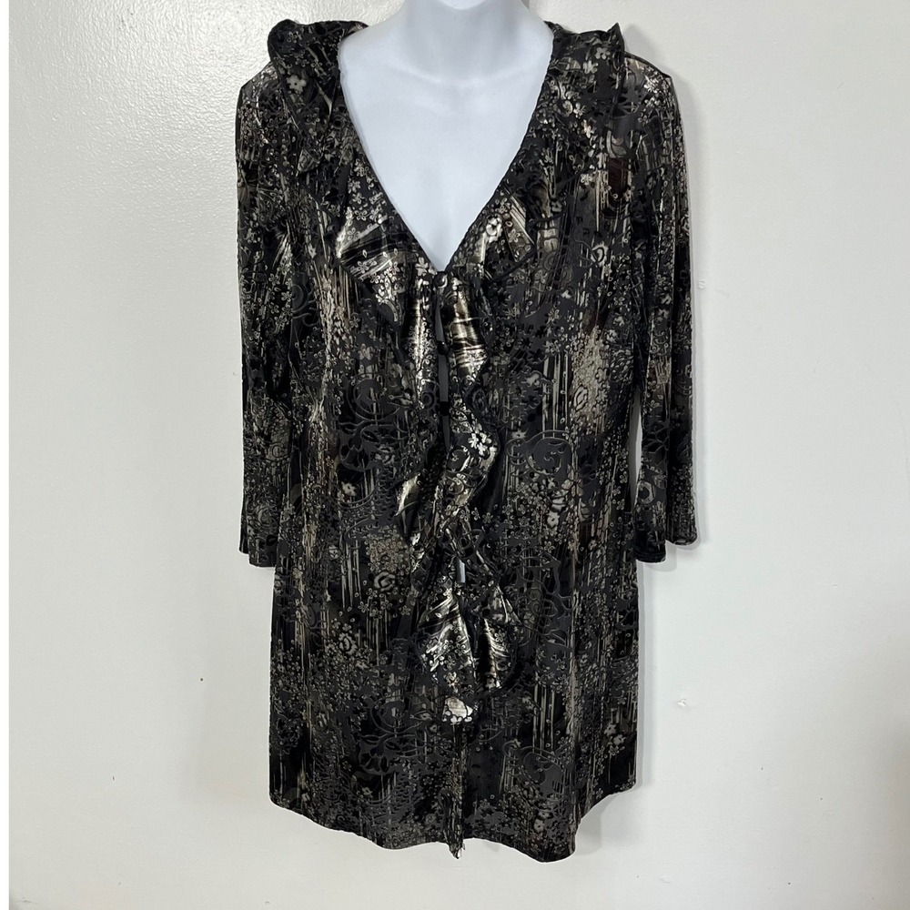 NY Collection Blouse Women XL Black‎ Silver Burnout Floral Ruffle V-Neck Y2K